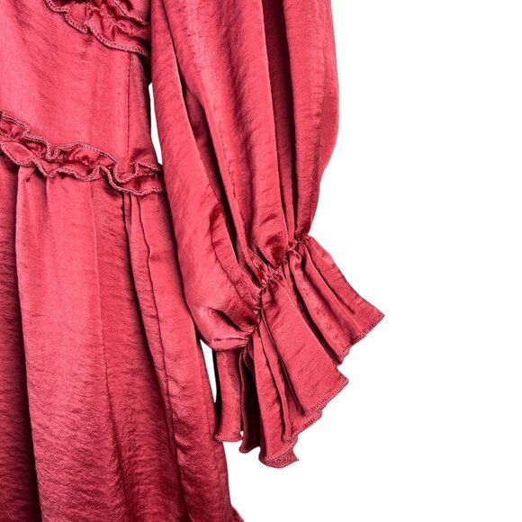 She + Sky Pink Tiered Satin V Neck Mini Ruffle Dress Size Small Flowy Party - Picture 4 of 10